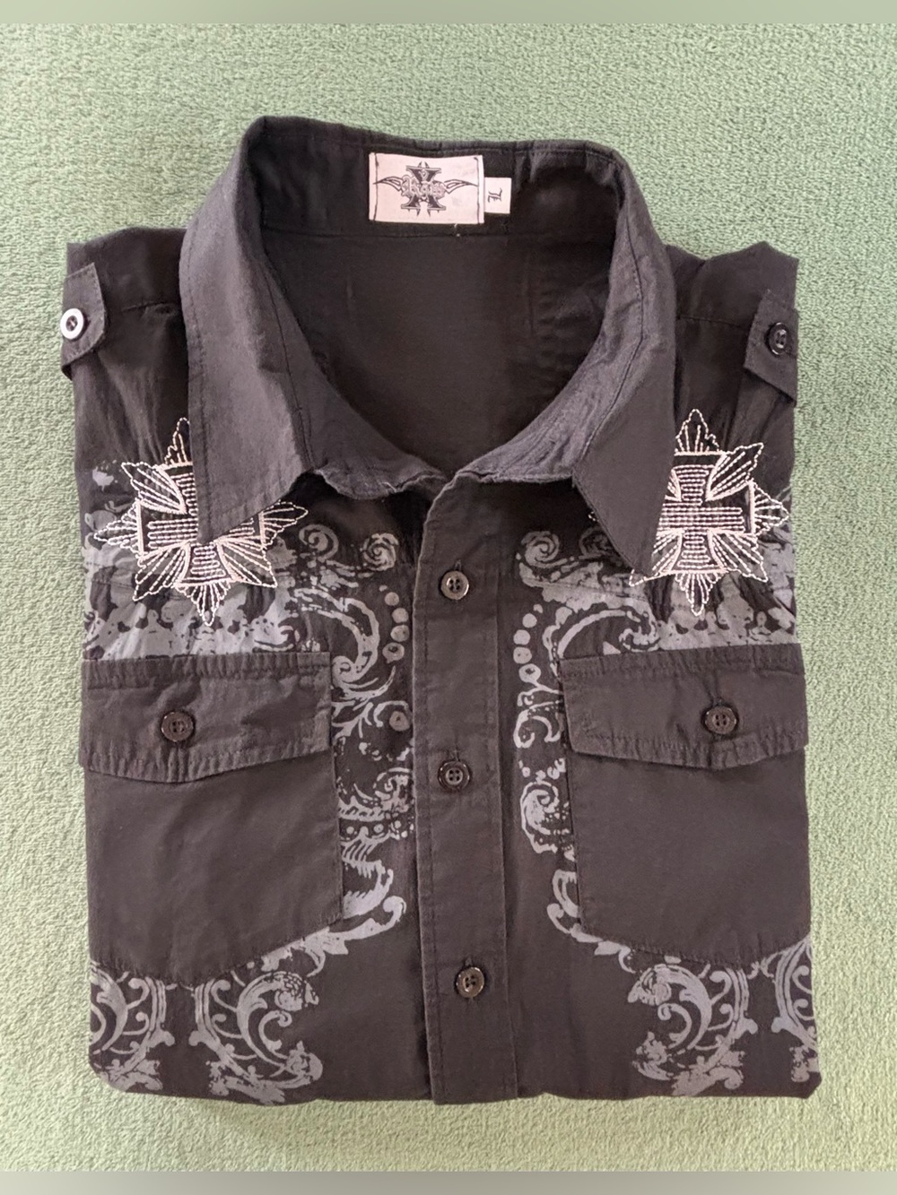 Men's Black Embroidered Button-Up Shirt by RAW X, Size: L (6544)